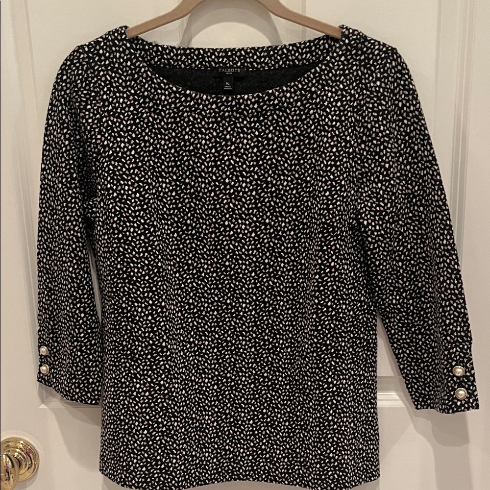 Talbots size medium petite top black w/ cream and gold dots.